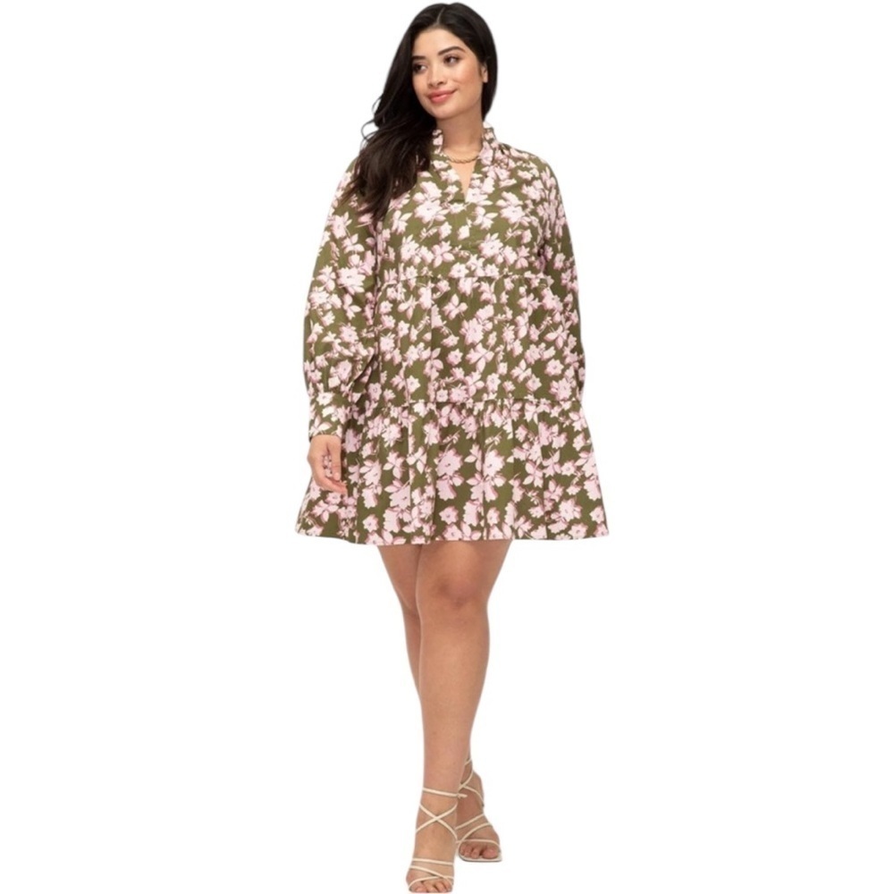 Eloquii Brown and Cream Ruffled Tiered Sundress size 14/16 green and pink Floral